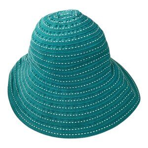 Kathy Jeanne Teal Bucket Hat – Woven Striped Summer Sun Hat – 15" Circumference